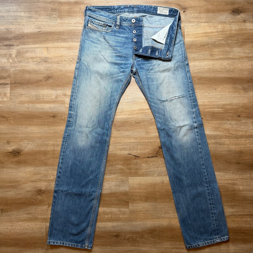 Diesel Safado Jeans Mens 31x34 Blue Slim Straight Button Fly Distressed 0RKI8